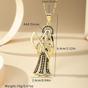 14K gold plated Grim Reaper pendant with black cubic zirconia and rope chain necklace