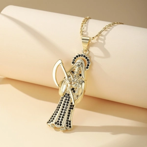 14K gold plated Grim Reaper pendant necklace with black stones and Figaro chain