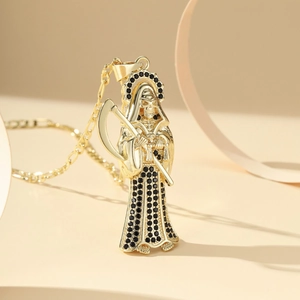 14K gold plated Grim Reaper pendant necklace with black zircon on a Figaro chain