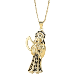 Santa Muerte reaper pendant necklace in 14K gold plated finish with black crystals