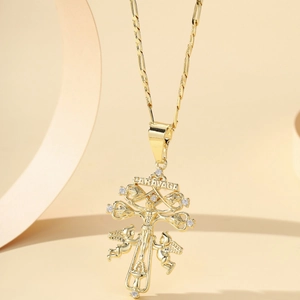Copper Gold Plated Caravaca Cross Pendant Necklace With AAA Zircon Angel Jesus Figaro Chain Hip Hop Religious Jewelry