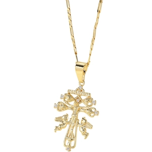 Hip hop Caravaca cross pendant necklace in gold with cubic zirconia and angel details