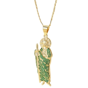 Religious San Judas Tadeo pendant with green zircon inlay on gold plated necklace