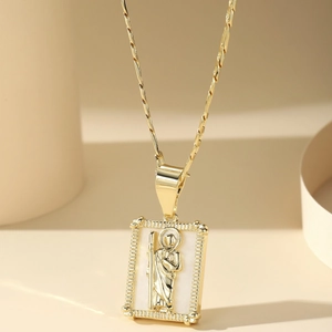 14K gold plated square religious pendant necklace with mother of pearl and twisted chain