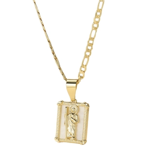 14K gold plated religious square pendant necklace with Figaro and rope chain design