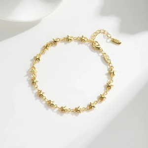 Elegant gold plated star link anklet with adjustable lobster clasp on white background