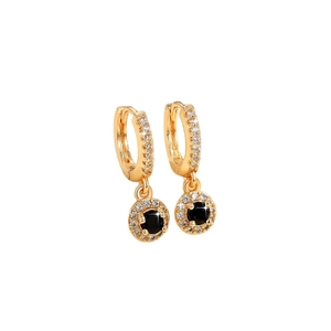 Boucles d'oreilles créoles dorées avec pendentif noir rond et accents de zircon blanc