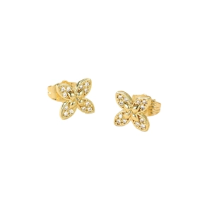 Elegante goldene Kleeblatt-Ohrstecker mit weißem Zirkonia-Besatz und Metallmitte