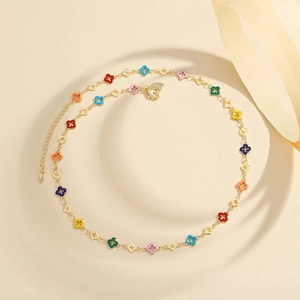 Colorful enamel four-leaf clover necklace in gold plating with adjustable chain for women
