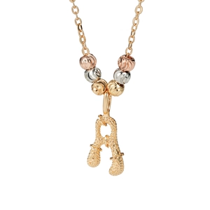 Gold plated initial A pendant necklace with three-tone textured beads on fine chain