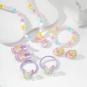 Kinder Schmuckset mit süßem Hasenanhänger Halskette, Perlenarmband und bunten Haarspangen