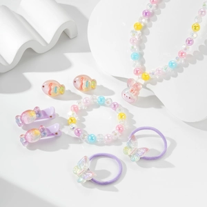 Kinder-Schmuckset mit rosa Hasenkette, Bonbon-Clips und Perlen-Armbändern