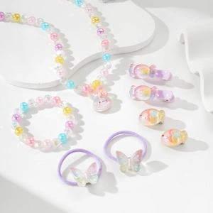 Kinder Schmuck Cartoon Hase Anhänger Perlen Halskette Armband Macaron Farbe Künstliche Perle Haarspangen Haargummis Mädchen Geburtstag Geschenk