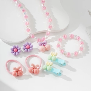 Kinder Harz Kirsch Anhänger Perlen Schmuck Set Halskette Armband Haarklammern Haargummis Süße Blumen Accessoires Für Mädchen