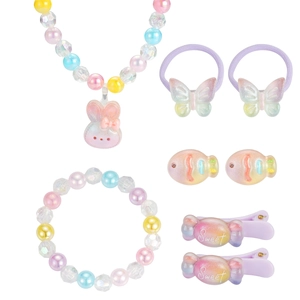 7-teiliges Kinder Schmuckset mit pastellfarbenen Perlen Hasen Kette und Haarspangen
