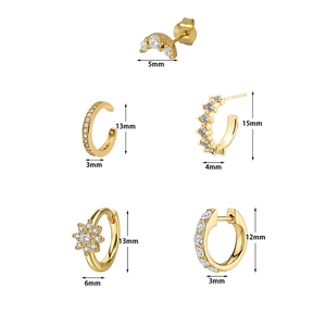 Five-piece gold cubic zirconia earring set with studs and clips showing detailed dimensions