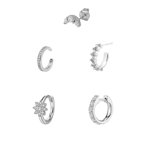 5-piece set of silver tone stud earrings and ear cuffs featuring sparkling cubic zirconia