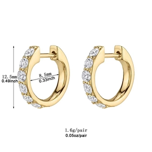 Gold huggie earrings with round zircons measuring 12.5mm height and 8.5mm inner diameter