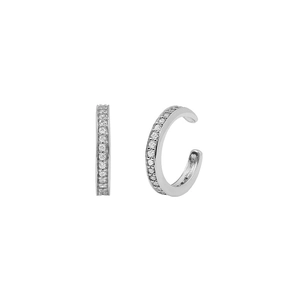 Detail view of silver ear cuff with micro-paved zircons in a minimalist C-shaped design