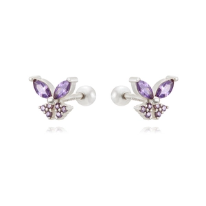 Détail des boucles d'oreilles papillon en argent S925 avec zircon violet et fermoir boule
