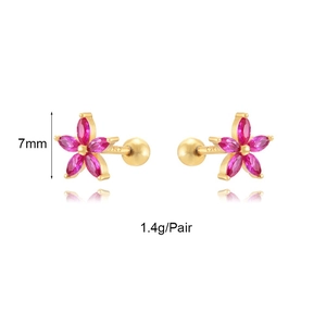 Detail of 7mm pink zircon flower studs with S925 hallmark and screw back closure