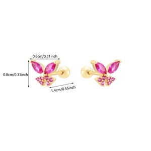 Boucles d'oreilles papillon dorées avec zircons roses et fermoir à boule vissée