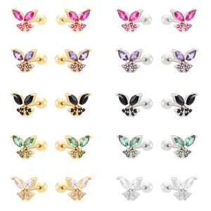 Lot de 10 boucles d'oreilles papillon en zircon et acier doré avec fermoir à vis sécurisé