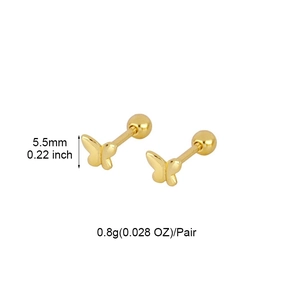 Macro detail of 5.5mm gold butterfly stud earrings with screw ball back closure