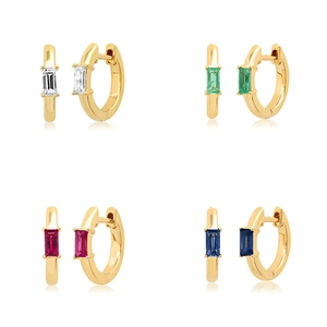 Goldene Creolen Set mit rechteckigen Smaragd, Rubin, Saphir und klaren Zirkonsteinen