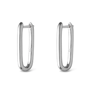 Detailed view of silver U-shaped hoop earrings with polished mirror finish and secure clasp