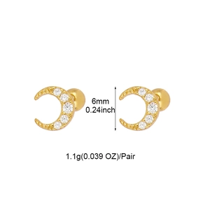Miniature C-shaped gold crescent moon stud earrings with sparkling clear zircon stones