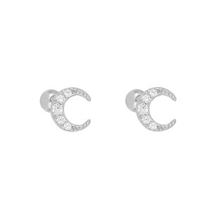 Minimalist C-shaped crescent moon stud earrings with sparkling pavé cubic zirconia