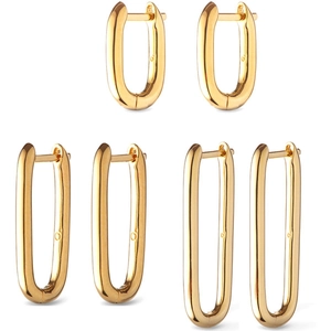 Set of three polished 24K gold-plated U-shaped hoop earrings in various lengths
