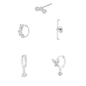 Fünfteiliges silbernes Ohrring-Set für Damen mit Zirkonia-Steckern und Earcuffs