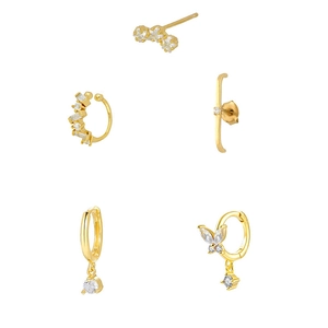 5-teiliges goldenes Ohrring-Set mit Zirkonia, Steckern, Creolen und einer Ohrmanschette