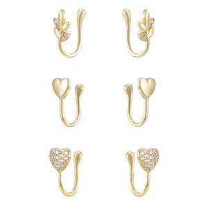 Lot de faux piercings de nez en laiton doré avec cœurs et feuilles sertis de zircons