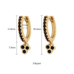 Detailed dimension guide for gold clover hoop earrings with black zircon stones