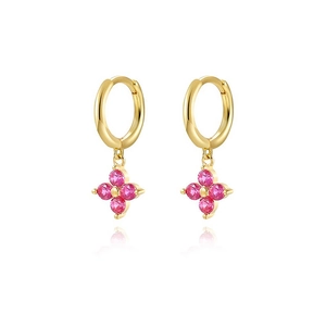 Detail of gold plated clover earrings with pink zircon stones and hoop closure mechanism