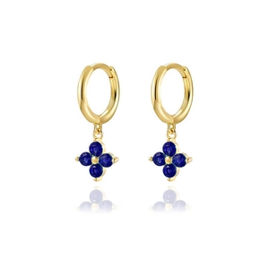 Detail of gold clover earrings featuring blue zircon inlays and polished hoops