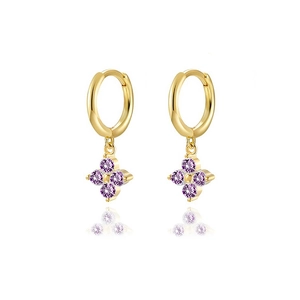 Macro detail of gold-plated silver hoop earrings with purple zircon clover pendants