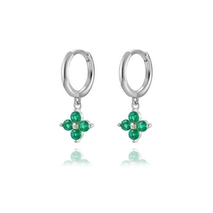 Detail of silver clover earrings with inlaid heart-shaped green zircon stones