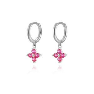 Detail of 925 silver gold-plated clover hoop earrings with pink cubic zirconia stones