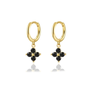 925 silver gold-plated clover hoop earrings with black zircon stones on white background
