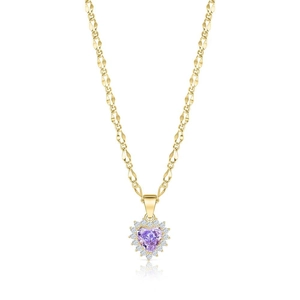 Makroaufnahme der lila Herz-Zirkonia-Halskette mit goldener dekorativer Kette