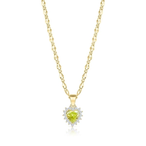 Nahaufnahme der goldenen Herz-Halskette mit grünem Edelstein und Diamantbesatz