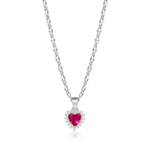 Elegante silberne Herzkette mit großem rotem Zirkonia und weißem Edelstein-Halo auf Weiß