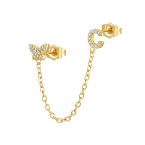 Gold zircon butterfly and letter C ear cuff earring with a delicate chain connector