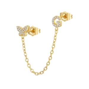 Detailed view of a gold chain double earring set with a butterfly and zircon-set letter G