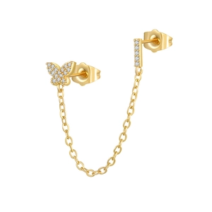 Close-up of golden zircon butterfly stud earring with connected chain and bar design
