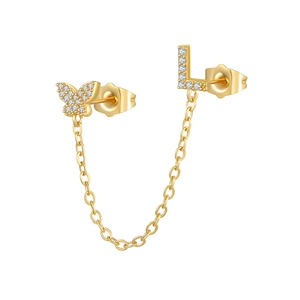 Detail showing gold chain butterfly earring with micro-pave zircon and letter L stud